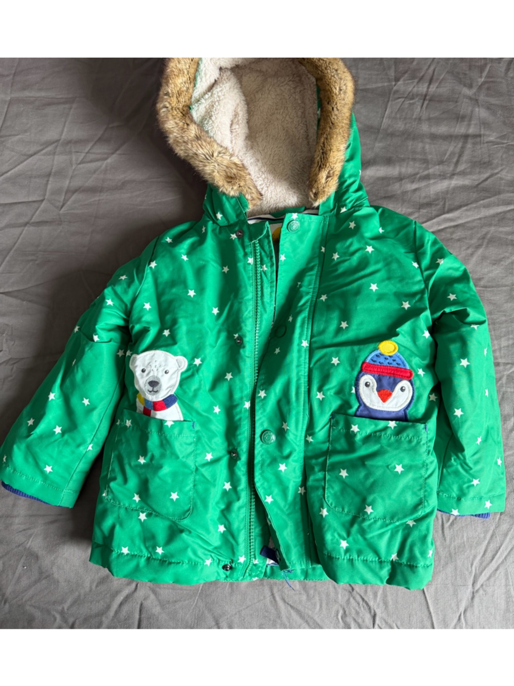 Mini Boden Green Star Puffer Jacket with Polar Bear & Penguin Patches